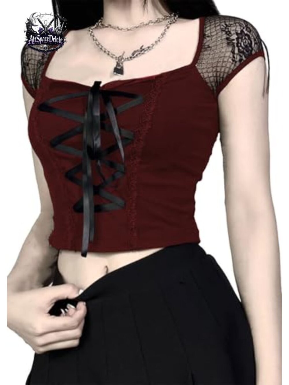 Gothic Crop Top Lace Short Sleeve Bandage Crewneck Y2K Alt Emo Goth Tops